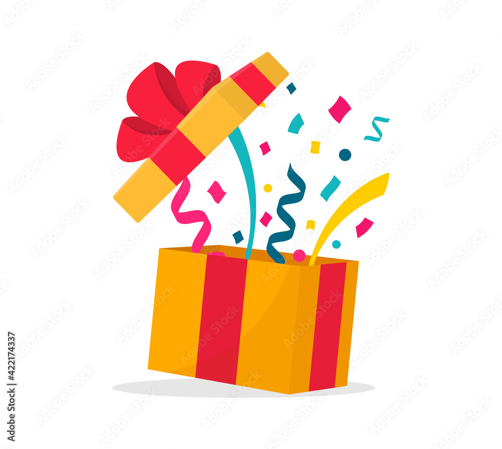 Opened surprise gift box with confetti. Gift box with red ribbon bow