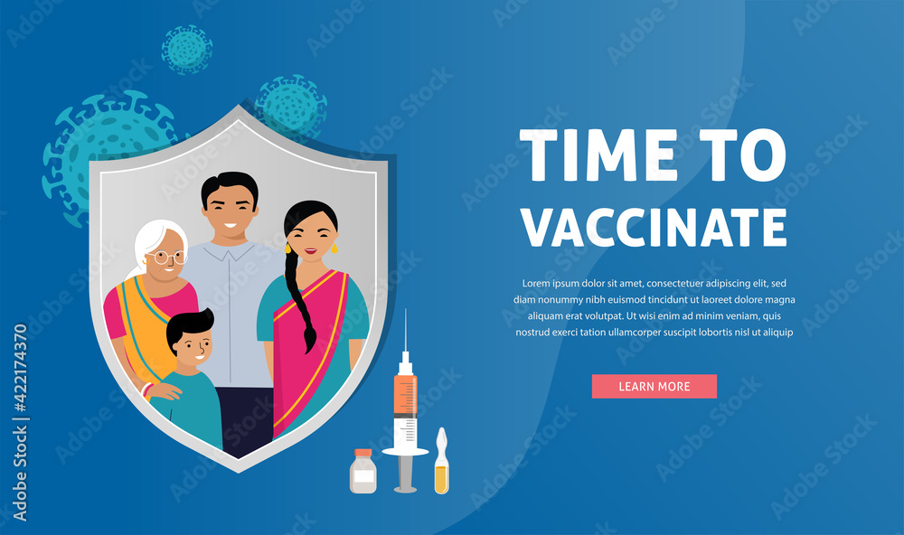Indian Family Vaccination concept design. Time to vaccinate banner - syringe with vaccine for COVID-19, flu or influenza and a family Indian Family Vaccination concept design. Time to vaccinate banner - syringe with vaccine for COVID-19, flu or influenza and a family