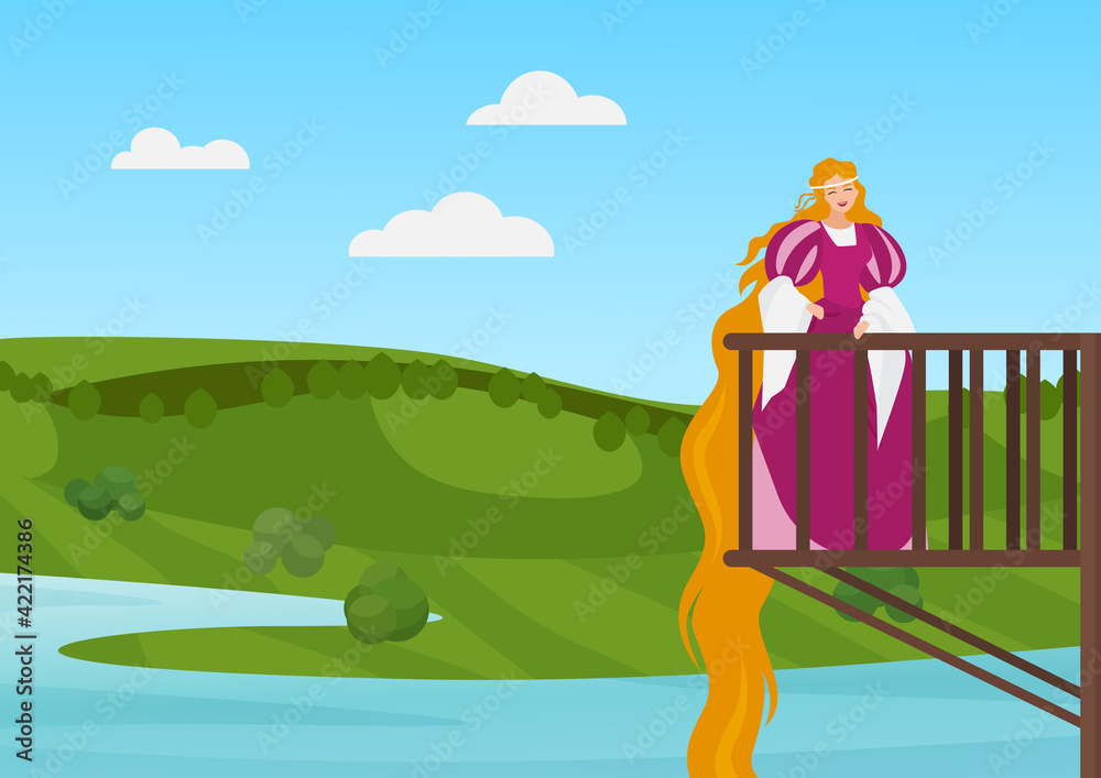 Beautiful princess on balcony vector illustration. Cartoon happy rapunzel  character with long hair standing on balcony of magic palace or medieval  castle and smiling, fairy tale story background Stock Vector | Adobe