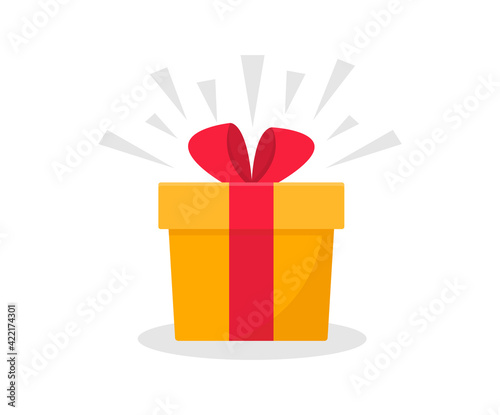 Surprise gift box. Gift box with red ribbon bow. Flat style. Element design for giveaway, surprise, holiday. Vector illustration.