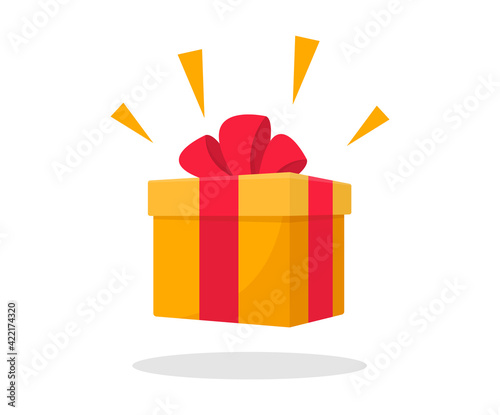 Surprise gift box. Gift box with red ribbon bow. Flat style. Element design for giveaway, surprise, holiday. Vector illustration.