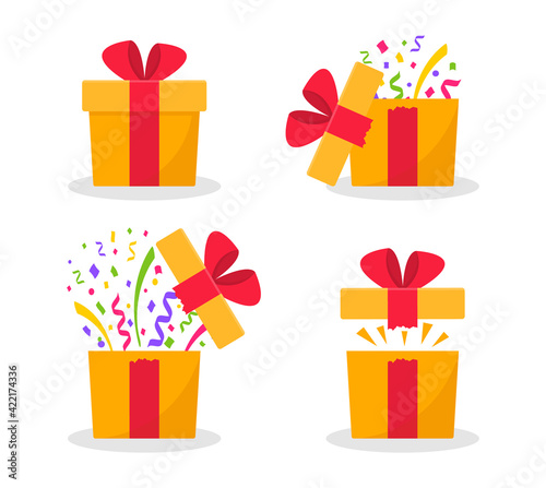 Opened surprise gift box with confetti. Gift box with red ribbon bow. Flat style. Element design for giveaway, surprise, holiday. Vector illustration.