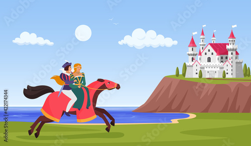 Prince and princess ride horse vector illustration. Cartoon horseman character riding to royal castle on mountain fantasy landscape, beautiful lady on horseback, fairytale love story background
