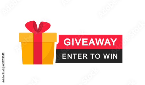 Giveaway, enter to win poster. Surprise gift box. Poster template for promo in social media. Win a prize giveaway. Vector illustration.