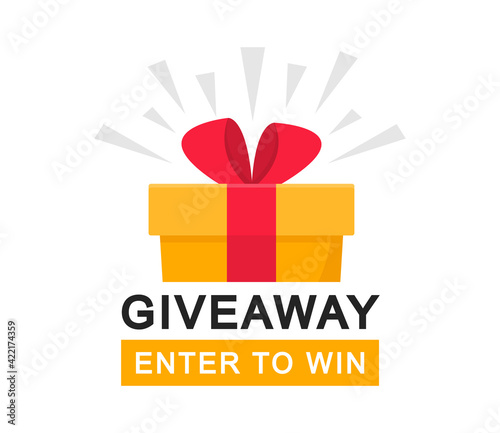 Giveaway, enter to win poster. Surprise gift box. Poster template for promo in social media. Win a prize giveaway. Vector illustration.