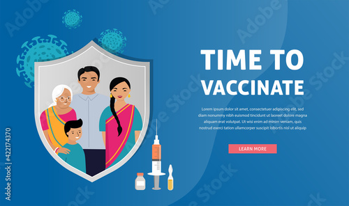 Indian Family Vaccination concept design. Time to vaccinate banner - syringe with vaccine for COVID-19, flu or influenza and a family