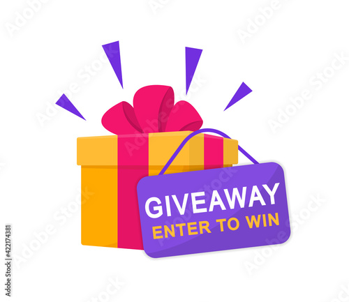 Giveaway, enter to win poster. Surprise gift box. Poster template for promo in social media. Win a prize giveaway. Vector illustration.