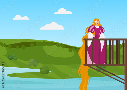 Beautiful princess on balcony vector illustration. Cartoon happy rapunzel character with long hair standing on balcony of magic palace or medieval castle and smiling, fairy tale story background