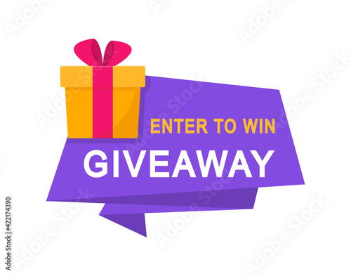 Giveaway, enter to win poster. Surprise gift box. Poster template for promo in social media. Win a prize giveaway. Vector illustration.