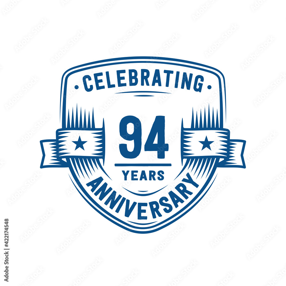 94 years anniversary celebration shield design template. 94th anniversary logo. Vector and illustration.