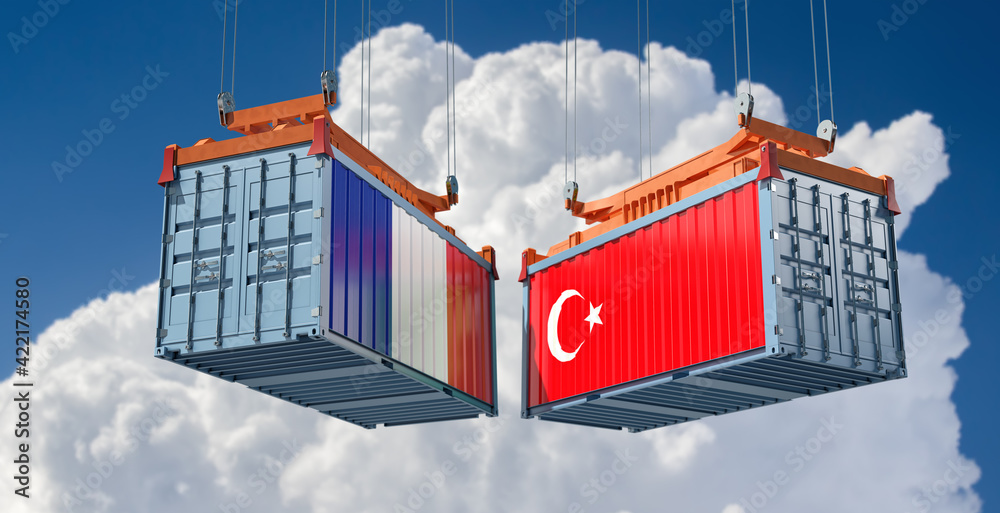 Freight containers with France and Turkey flag. 3D Rendering 