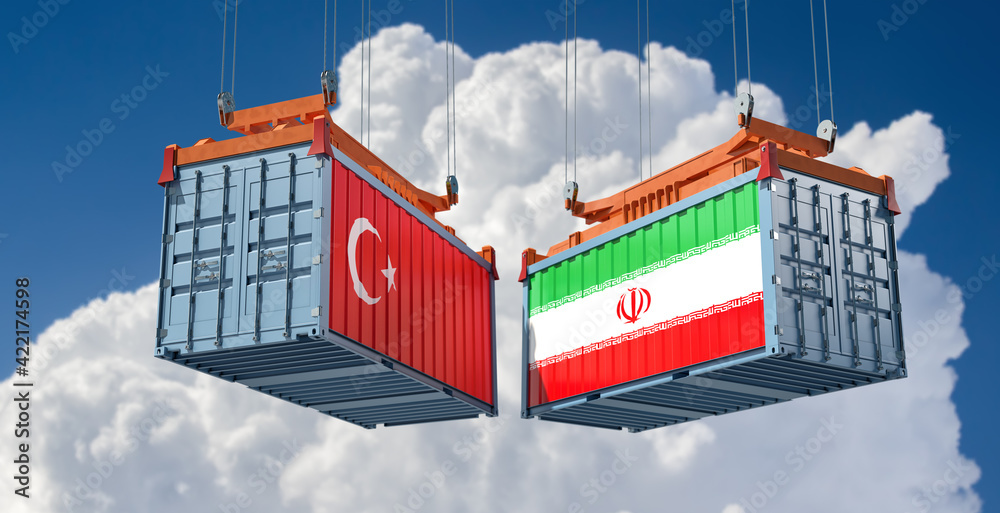 Naklejka premium Freight containers with Iran and Turkey flag. 3D Rendering