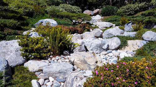Dried up water fall through Japanese garden