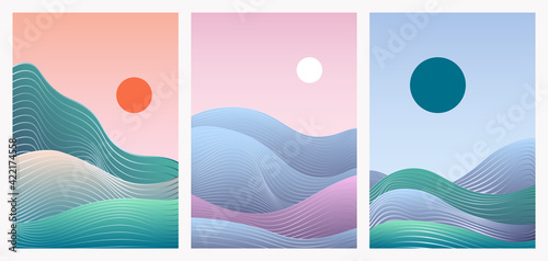 Abstract trendy minimal gradient nature landscape vector illustration set. Minimalist wavy desert sand dunes, hills, sea waves with hand drawning lines, template background for social media stories