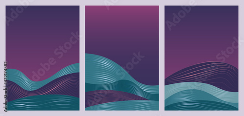 Abstract simple blue waves in minimal gradient nature landscape vector illustration set. Minimalist wavy night scenery and purple sky in vertical modern template background for social media stories
