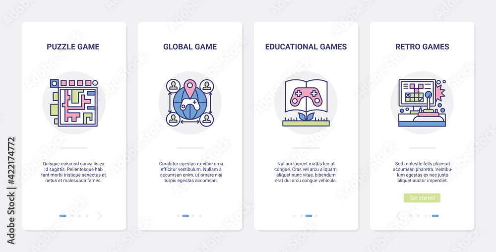 Video education games vector illustration. UI, UX onboarding mobile app page screen set with line online multiplayer game, gamer joystick, retro puzzle, gaming experience entertainment symbols