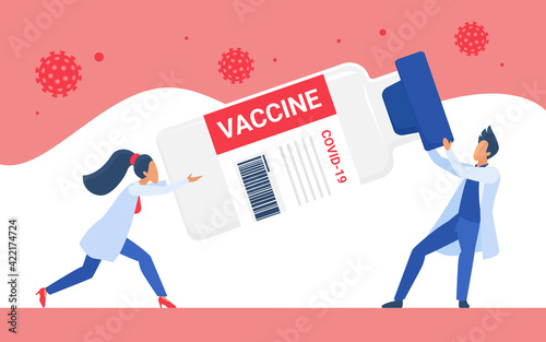 Vaccination protection against coronavirus, medicine healthcare technology vector illustration. Cartoon man woman doctor characters holding big vaccine bottle to vaccinate patient people background