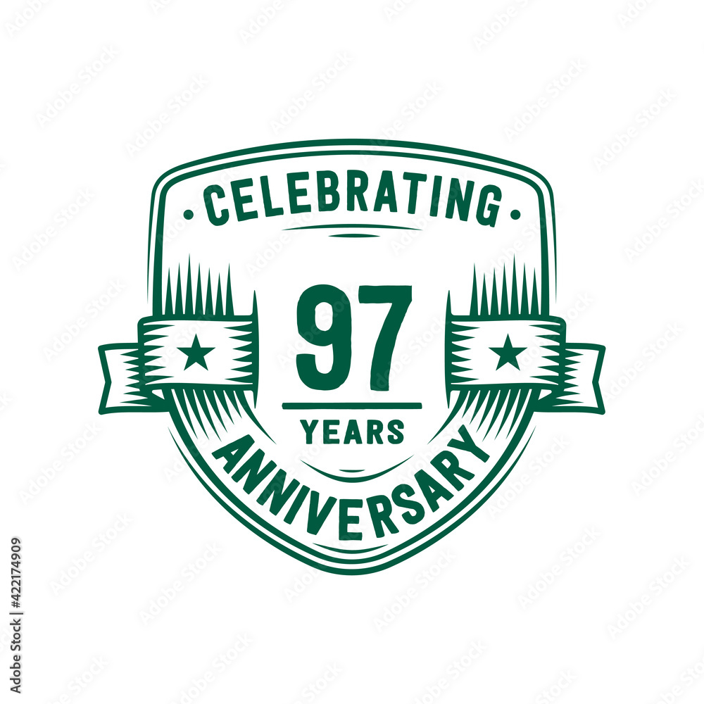 97 years anniversary celebration shield design template. 97th anniversary logo. Vector and illustration. 97 years anniversary celebration shield design template. 97th anniversary logo. Vector and illustration.