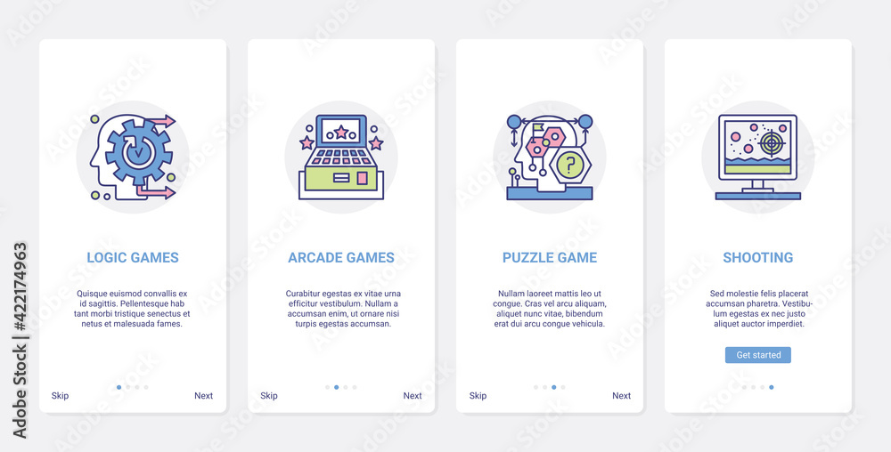 Video games entertainment genres vector illustration. UI, UX onboarding mobile app page screen set with line abstract human head playing logic and puzzle games, arcade gaming, military target shooting