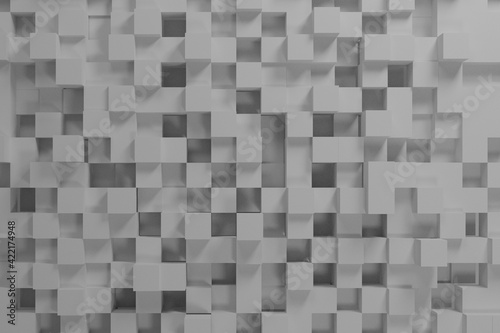 Realistic white solid cubes with a shadow of the same size, located in space at different levels. Abstract background of 3d cubes. Background of dark cubes. 3d rendering.3d panel.