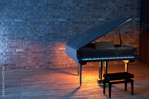 Photography Grand Piano on the stage of concert hall or small jazz club