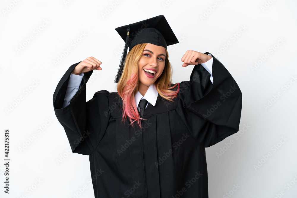 Young university graduate over isolated white background doing strong gesture Young university graduate over isolated white background doing strong gesture