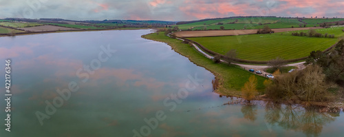 An aerial view at sunset across Eyebrook reservoir, Leicestershire in springtime © Nicola