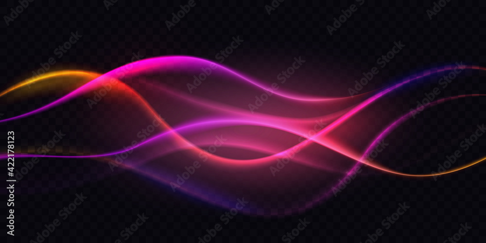 Gradient violet neon color wave, abstract light effect vector illustration. Dynamic translucent soft gradient stream motion, wavy flow bright curve elements isolated on transparent black background
