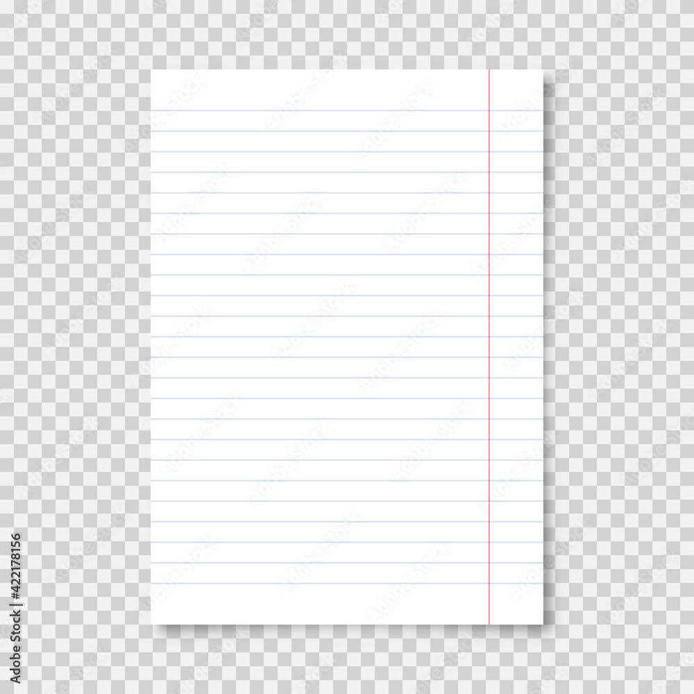 Realistic blank lined paper sheet in A4 format on transparent background. Notebook page, document. Design template or mockup. Vector illustration. Realistic blank lined paper sheet in A4 format on transparent background. Notebook page, document. Design template or mockup. Vector illustration.