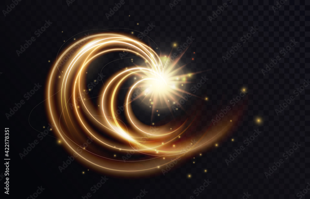 Golden luminous swirl shape, abstract light effect vector illustration