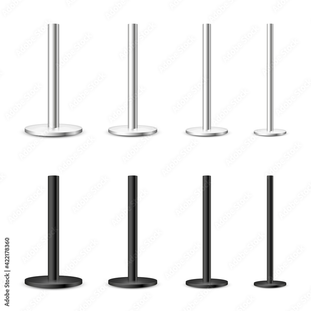 Realistic metal poles collection isolated on white background. Glossy