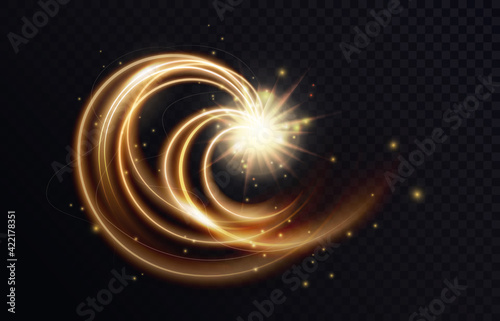 Golden luminous swirl shape, abstract light effect vector illustration. Luxury sparkling neon trail of flying stars, shiny magic swirling gold spirals, sparkle motion on transparent black background