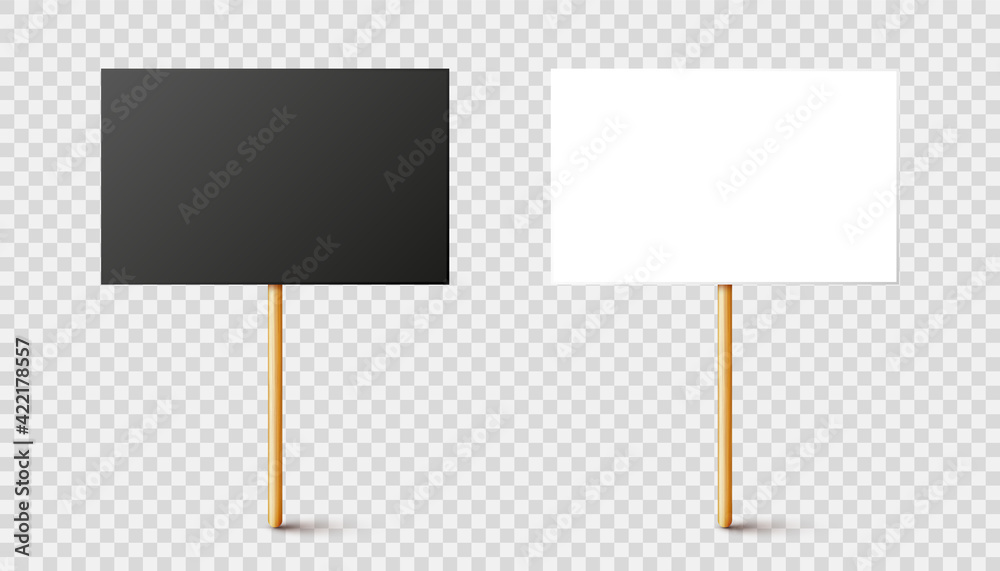 Blank black and white protest signs with wooden holder. Realistic vector demonstration banner. Strike action cardboard placard mockup. Blank black and white protest signs with wooden holder. Realistic vector demonstration banner. Strike action cardboard placard mockup.