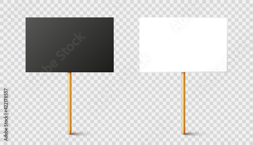 Blank black and white protest signs with wooden holder. Realistic vector demonstration banner. Strike action cardboard placard mockup.