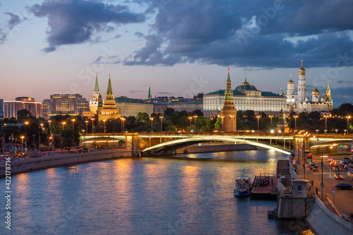 Moscow Kremlin and Moskva River at sunset in Moscow, Russia.