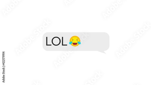 Online Chat Bubble on text Lol. Animated white outlined speech bubble, chat balloon. Motion graphics