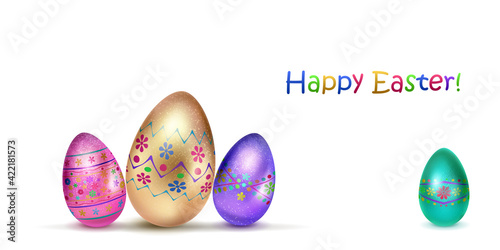 Illustration with several realistic Easter eggs in various colors with holiday symbols, glares and shadows on white background