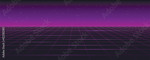 Retro futuristic background landscape 1980s style. Digital retro cyber surface. 80s Retro Sci-Fi background. Vector retro 80s illustration.