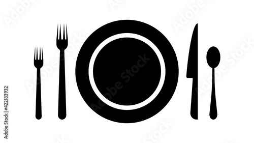 Plate, fork, spoon and knife icon. Cutlery icon. Restaurant symbol. Vector illustration.
