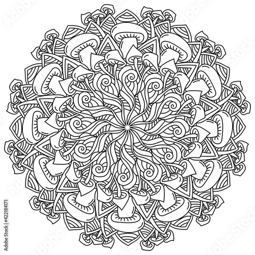 Mandala with mushrooms and patterns, meditative coloring page with fantasy and natural elements