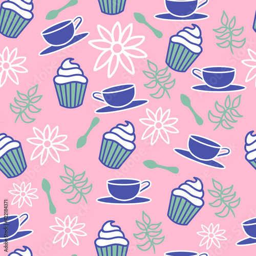 Vector Pink Cupcake Coffee Seamless pattern background. Perfect for fabric, scrapbooking, wallpaper projects.