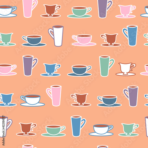 Vector Peach Coffee Cups seamless pattern background. Perfect for fabric, scrapbooking, wallpaper projects.