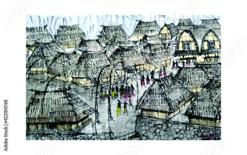 Watercolor painting on tissue paper. The object of the painting of the Indonesian Traditional House, the Sasak House of Lombok, West Nusa Tenggara. photo