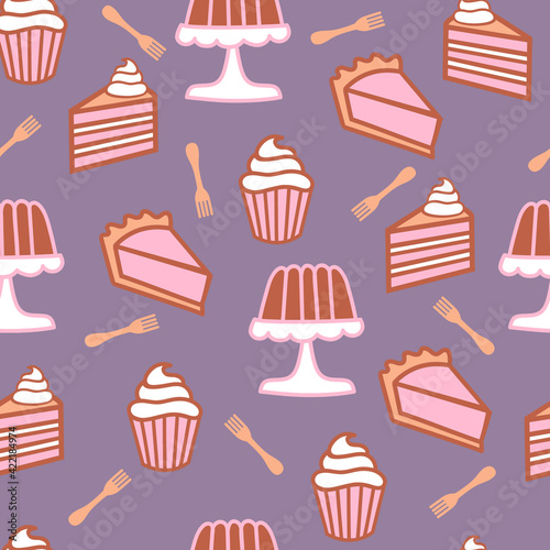 Cake Pastries Pink seamless pattern background. Perfect for fabric, scrapbooking, wallpaper projects.