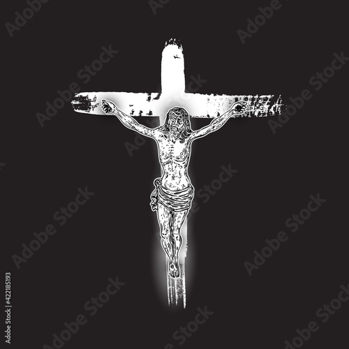 Jesus Christ crucifixion on hand painted ink brush cross on black background. Flash body tattoo. Symbol of Christianity prayer and religion. Concept spiritual and sacred holy. Vector.