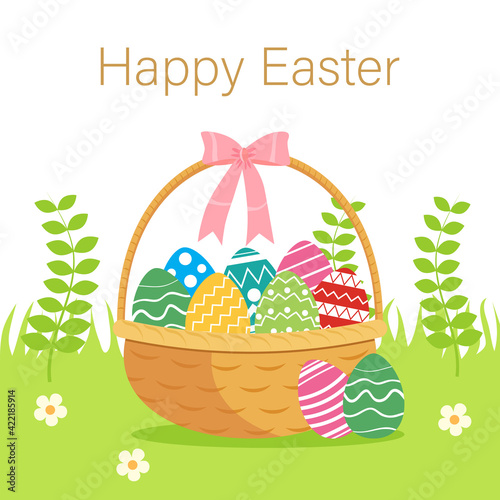 Retro wicker basket with colorful eggs on a meadow in the grass and copy space with text happy Easter. Flat style design vector illustration