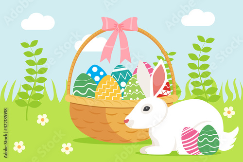 Wicker basket with Easter colorful eggs and white rabbit in the grass on a sunny spring day. Flat style design vector illustration