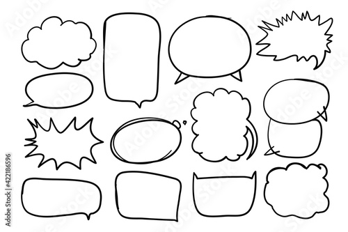 Speech Bubble set, free hand drawing Black and White line. Blank template for any advertisment or graphic design decorations. Suitable for dialog or conversation. Vector illustration with layers.