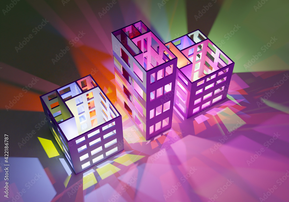 3D models of houses without a roof. Pink light shines through their windows. Concept architecture and design. Illustration with high-rise three-dimensional houses. House models symbolize architecture 3D models of houses without a roof. Pink light shines through their windows. Concept architecture and design. Illustration with high-rise three-dimensional houses. House models symbolize architecture