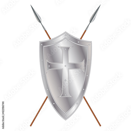 Iron medieval shield with cross and crossed spears, 3d vector illustration